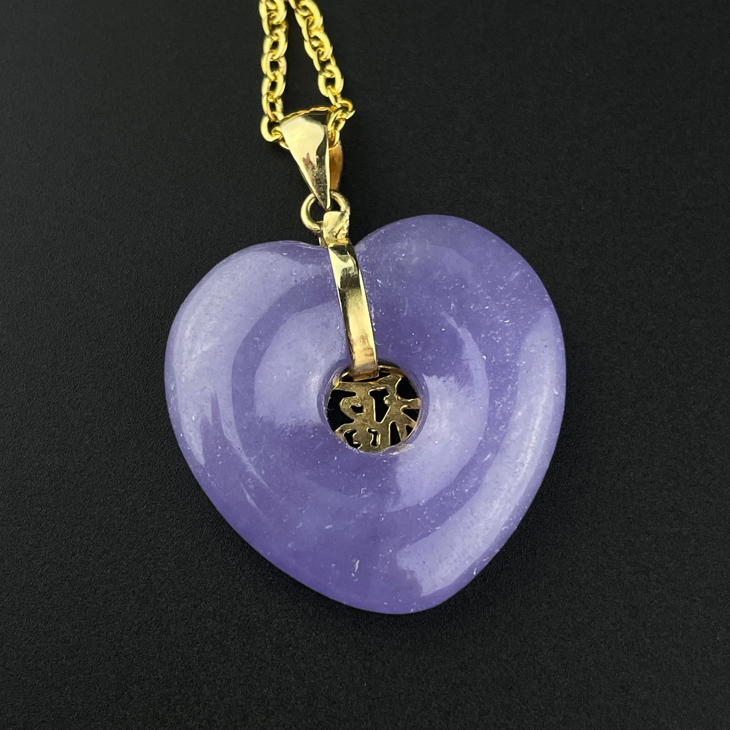 14K Gold Carved Lavender Jade Heart Pendant Necklace