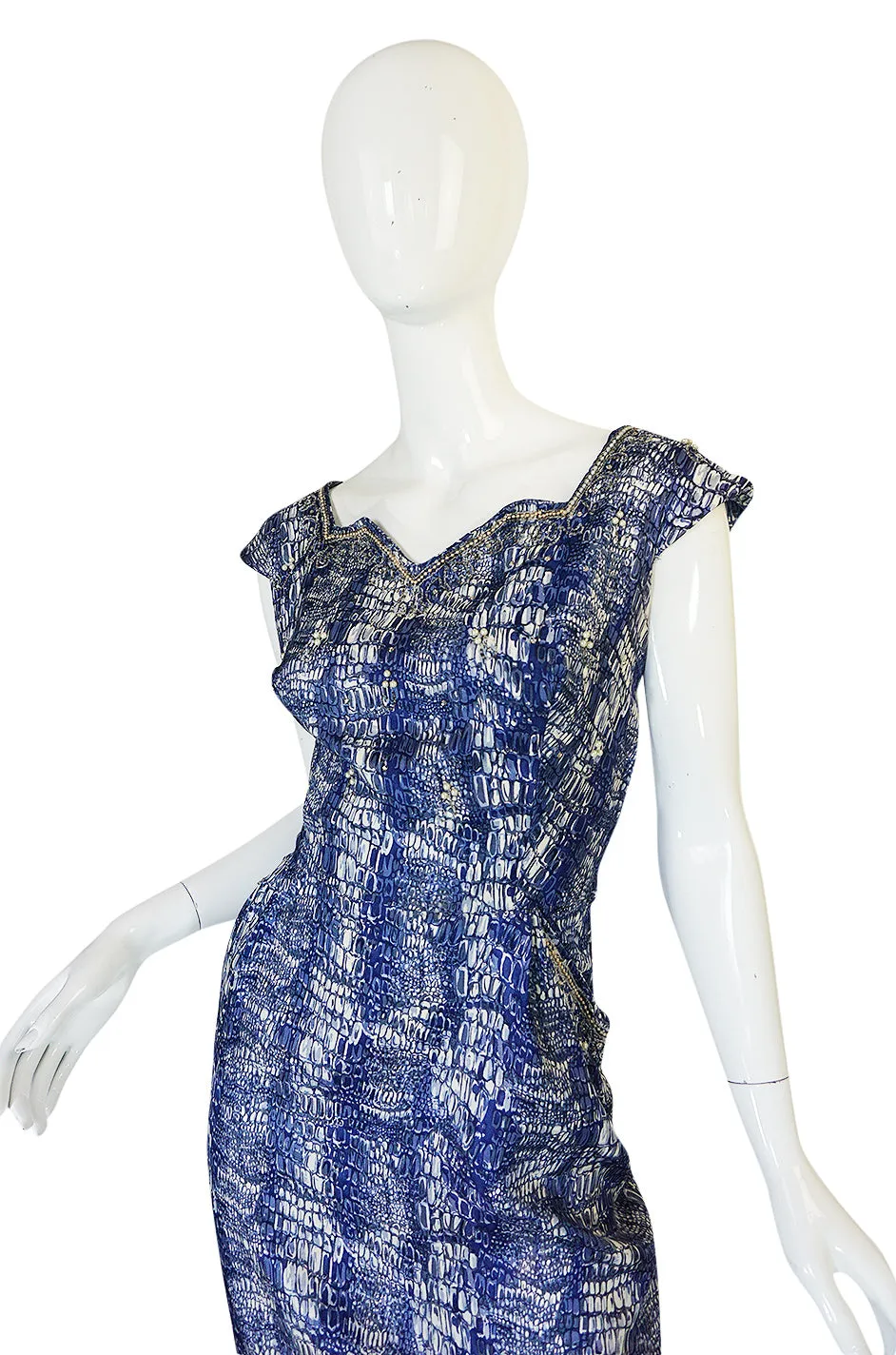 1940s Blue Crocodile/Alligator Print Silk Dress w Beaded Detail