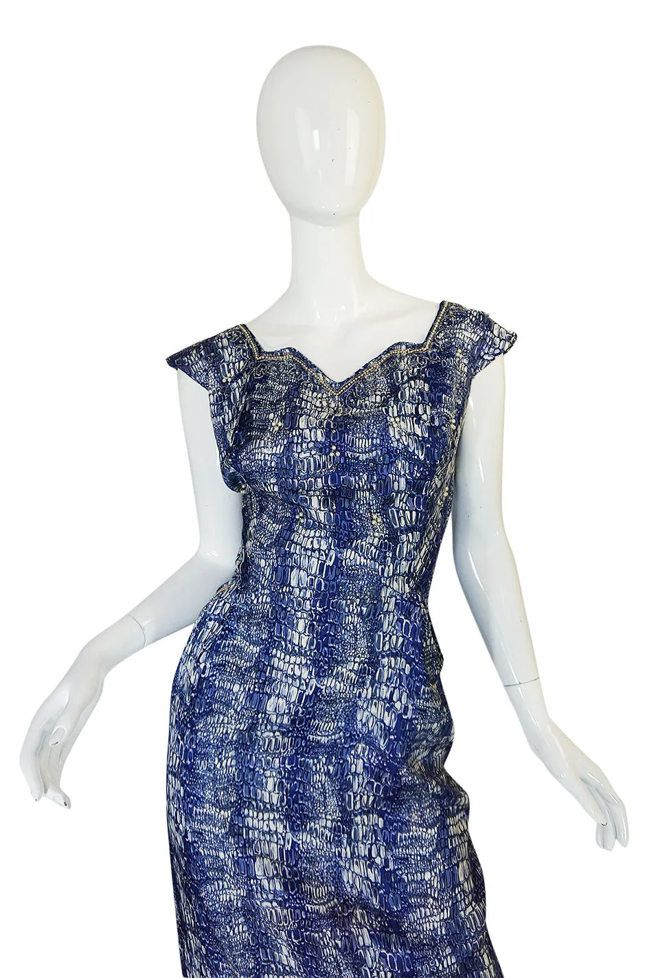 1940s Blue Crocodile/Alligator Print Silk Dress w Beaded Detail