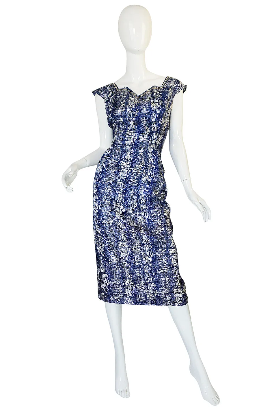 1940s Blue Crocodile/Alligator Print Silk Dress w Beaded Detail