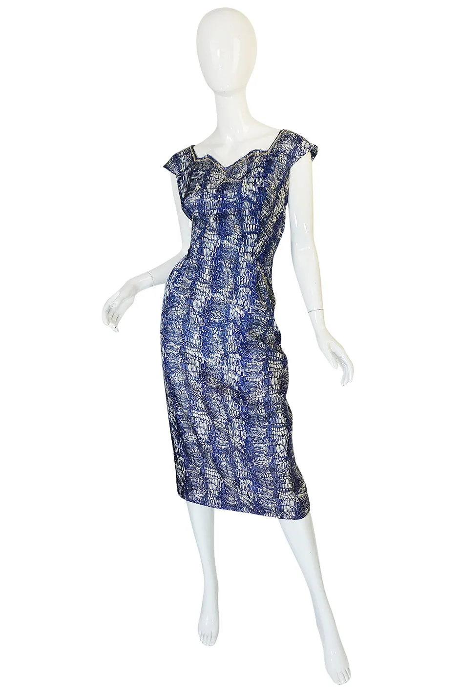 1940s Blue Crocodile/Alligator Print Silk Dress w Beaded Detail