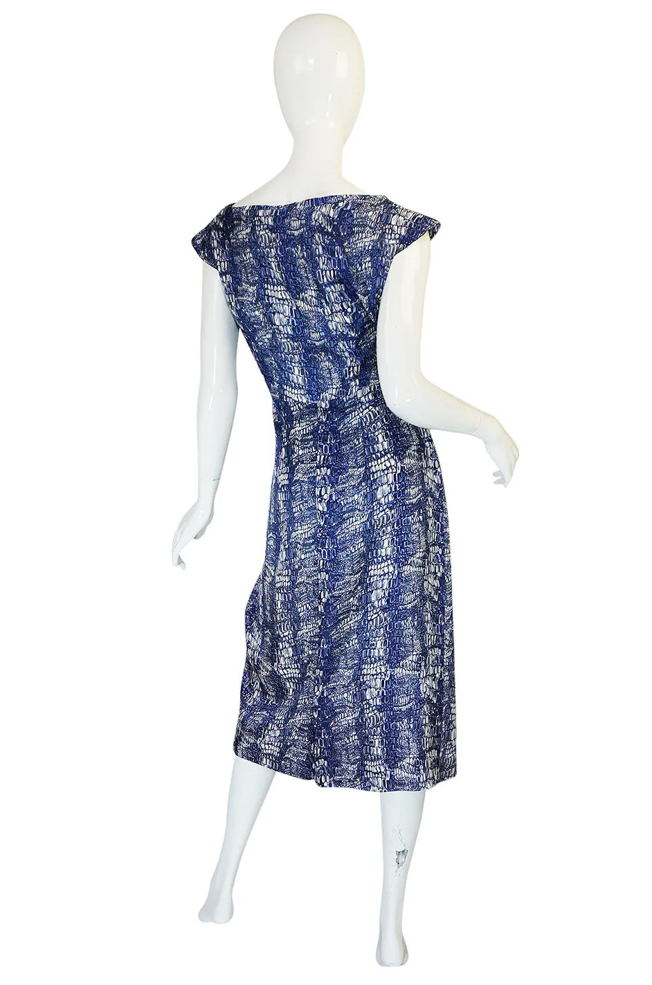 1940s Blue Crocodile/Alligator Print Silk Dress w Beaded Detail