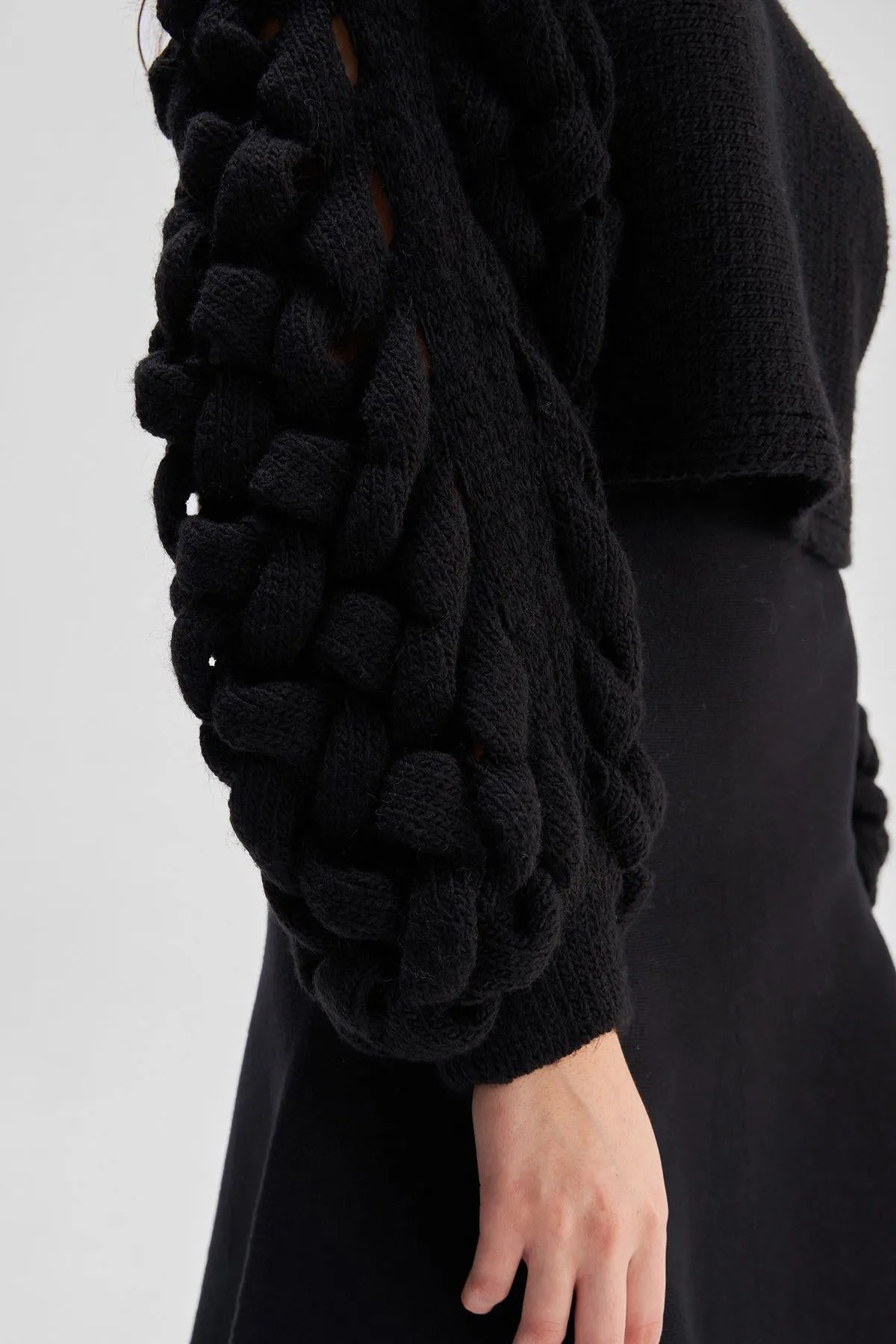 3D Braided Black Knitwear Crop Sweater