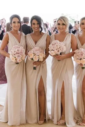 A Line Chiffon V Neck Bridesmaid Dresses Long Cheap Prom Dresses With Slit