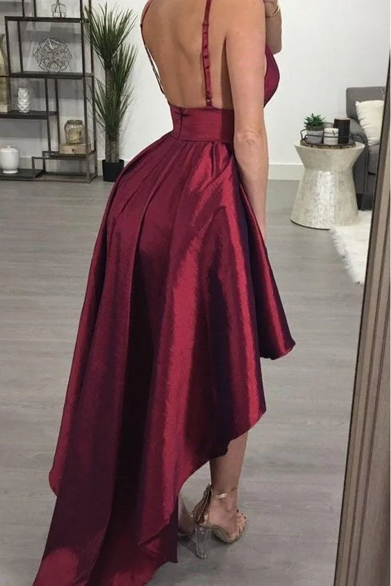 A line Deep V Neck High Low Spaghetti Straps Sleeveless Taffeta Prom Dresses uk JS358