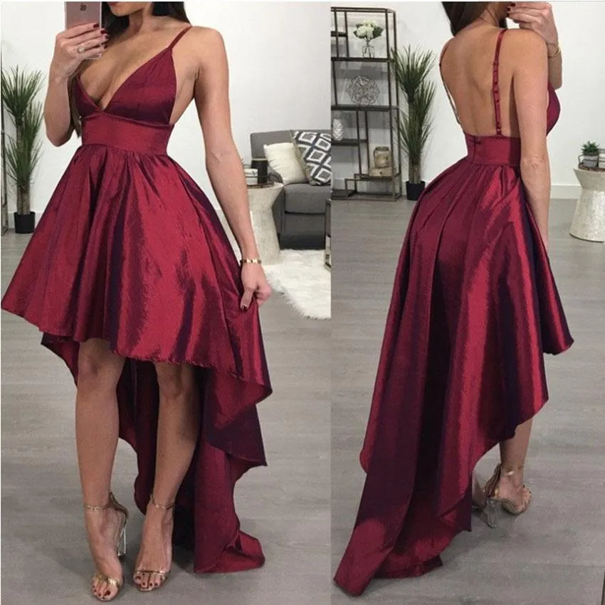 A line Deep V Neck High Low Spaghetti Straps Sleeveless Taffeta Prom Dresses uk JS358