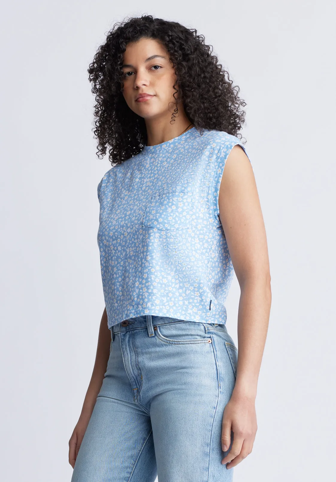 Amandine Women's Cap-Sleeve Crop Top, Blue with White Flowers - KT0148S