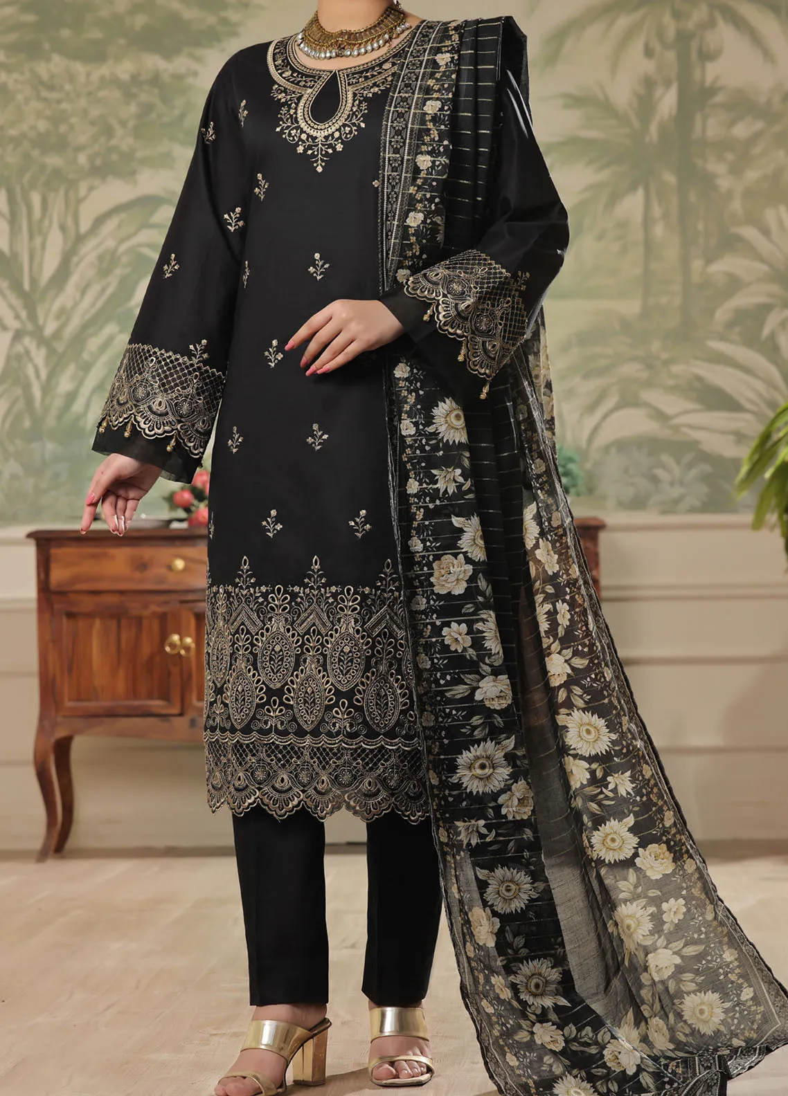 Anmol By VS Textile Embroidered Lawn With Fancy Zari Dupatta 3 Piece Unstitched Suit VS24AELFZD D-1001