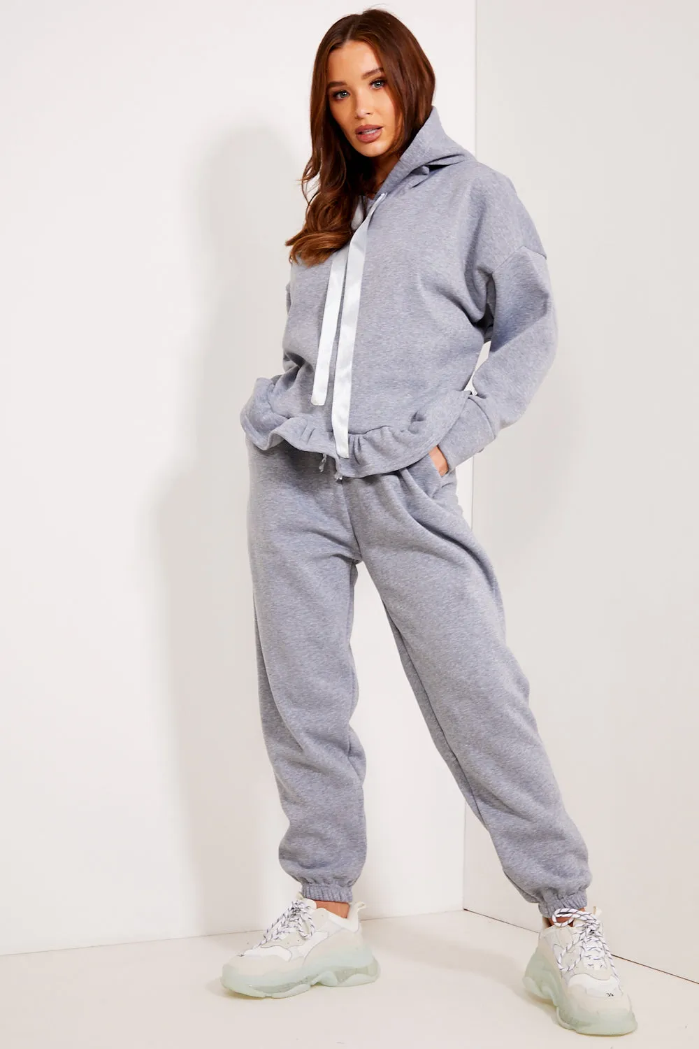 Arden Grey Frill Hem Hoodie and Joggers Tracksuit Set