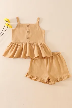 Beige linen ruffle 2pc girl set