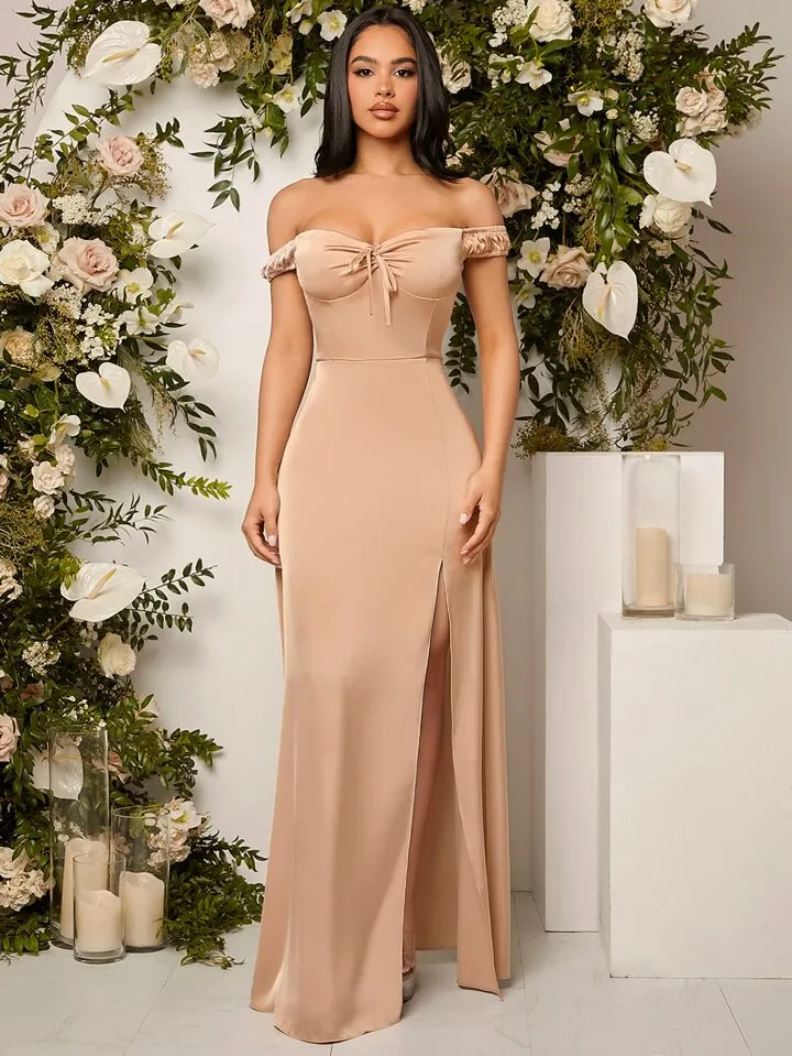 Belle off shoulder tie front split thigh bridesmaid dress in nude