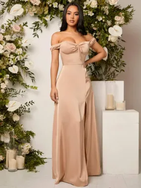 Belle off shoulder tie front split thigh bridesmaid dress in nude