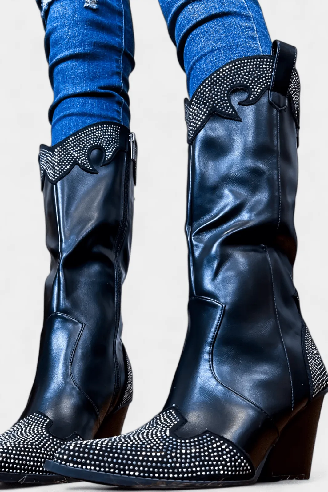 Black Rhinestone Pointed Toe Boots