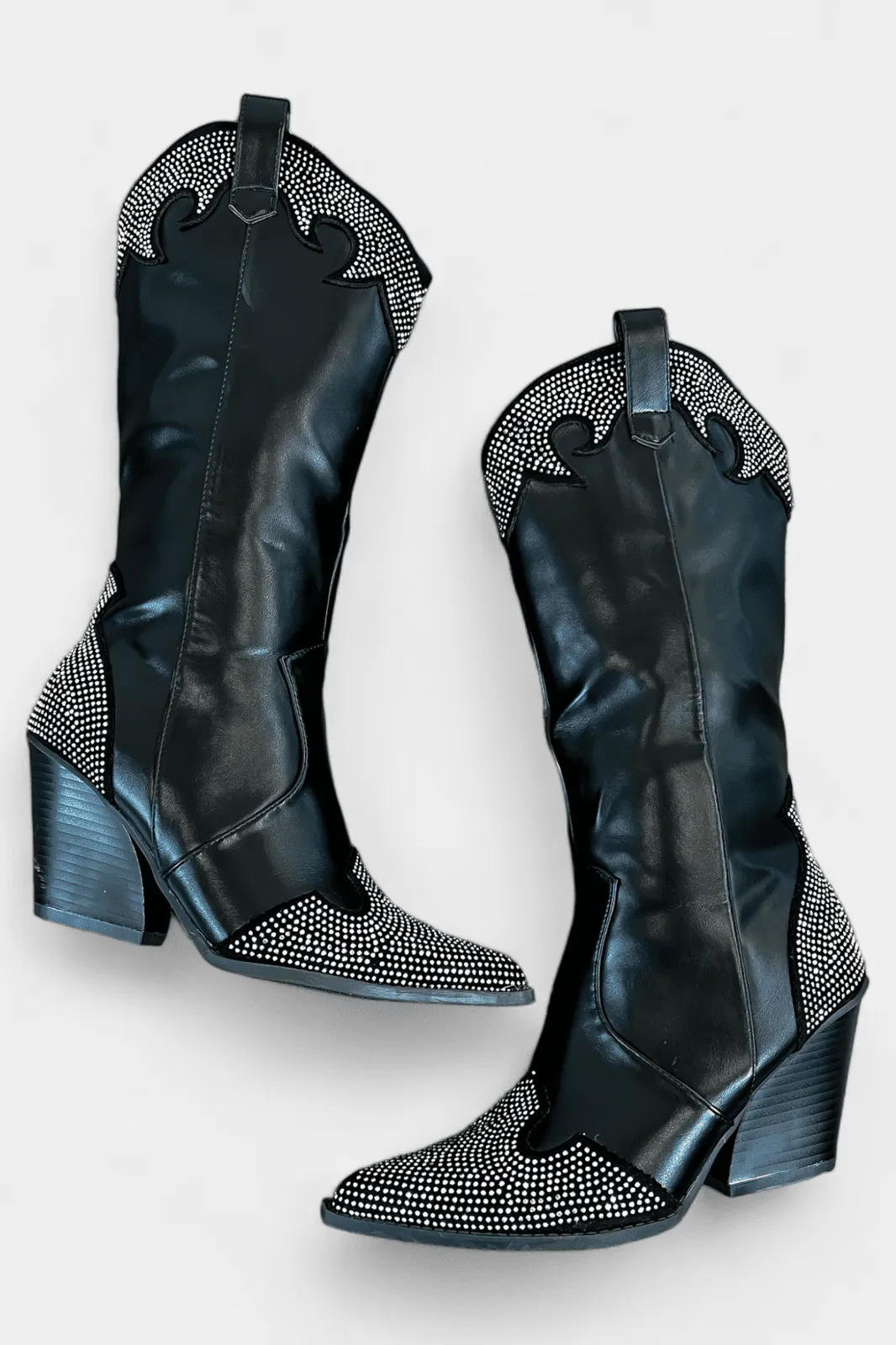 Black Rhinestone Pointed Toe Boots