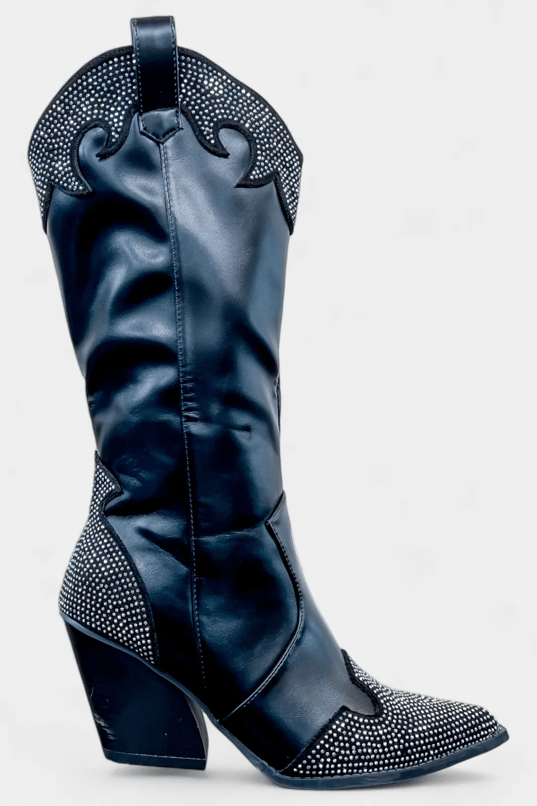 Black Rhinestone Pointed Toe Boots