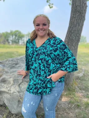 BLACK/TEAL V NECK DOLMAN SLEEVE TOP