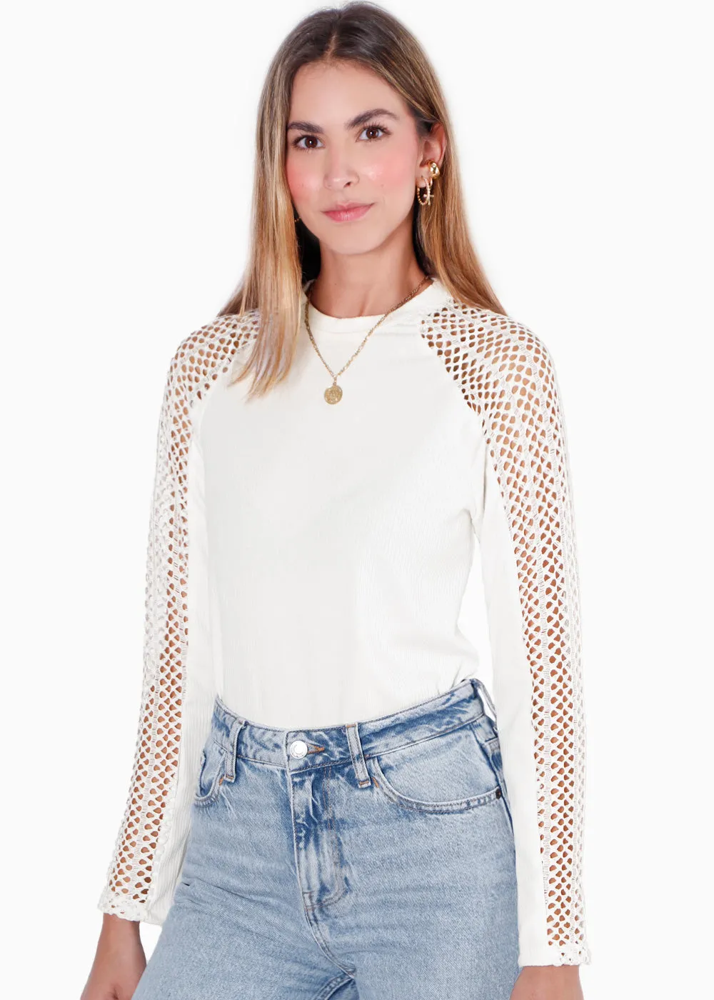 Blusa manga larga con mangas en croche - CATALEYA