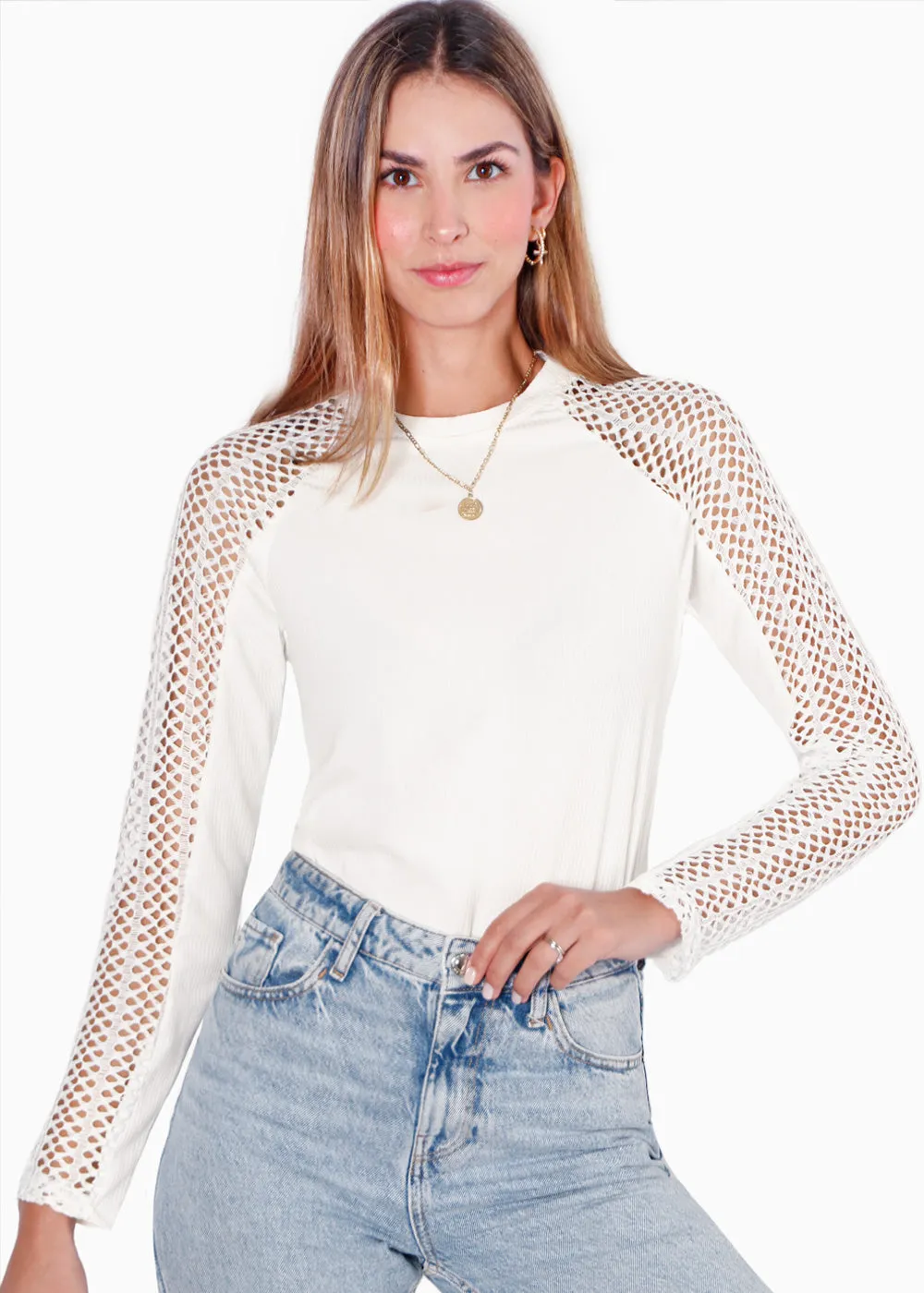 Blusa manga larga con mangas en croche - CATALEYA