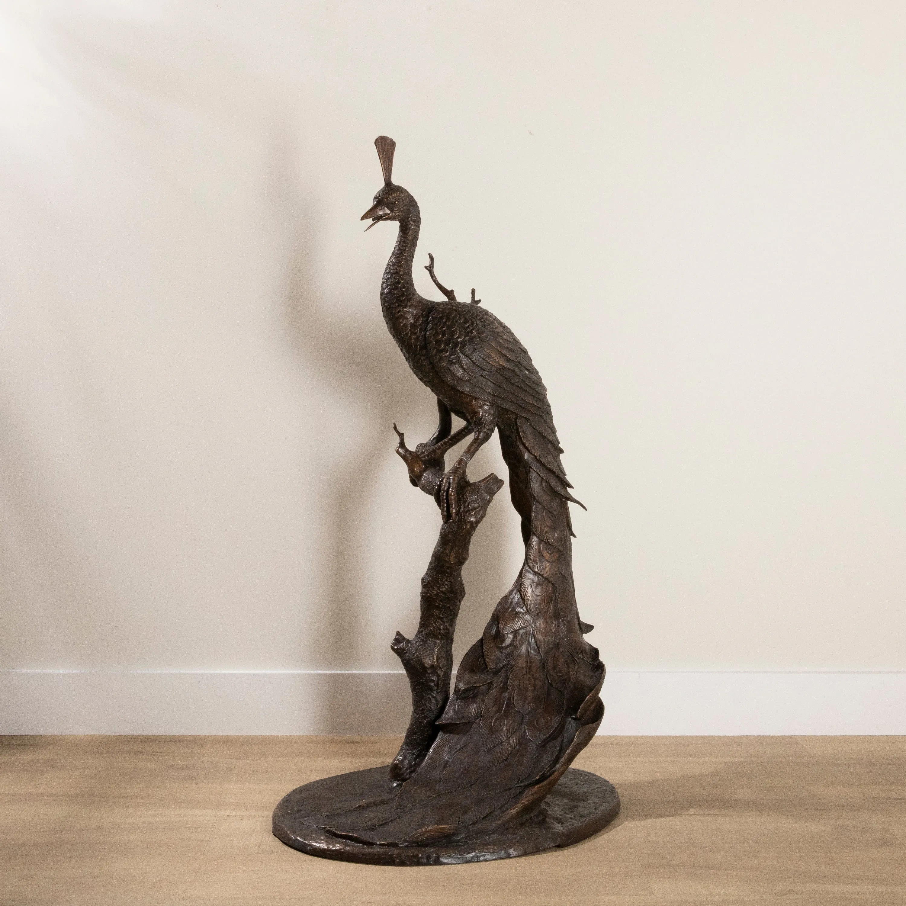 Bronze Seated Peacock on a Branch Sculpture - 49