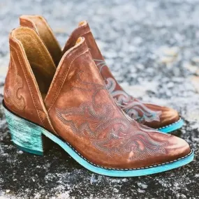 Brown Cowgirl Booties With Patina Soles Or Choose Black With Black Western Embroidery Pattern Slip On Shorty Cowboy Boots For Ladies In Vegan Leather