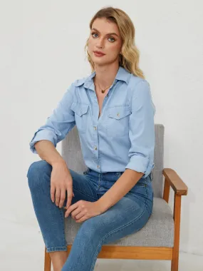 Button Up Long Sleeve Denim Shirt with Pockets