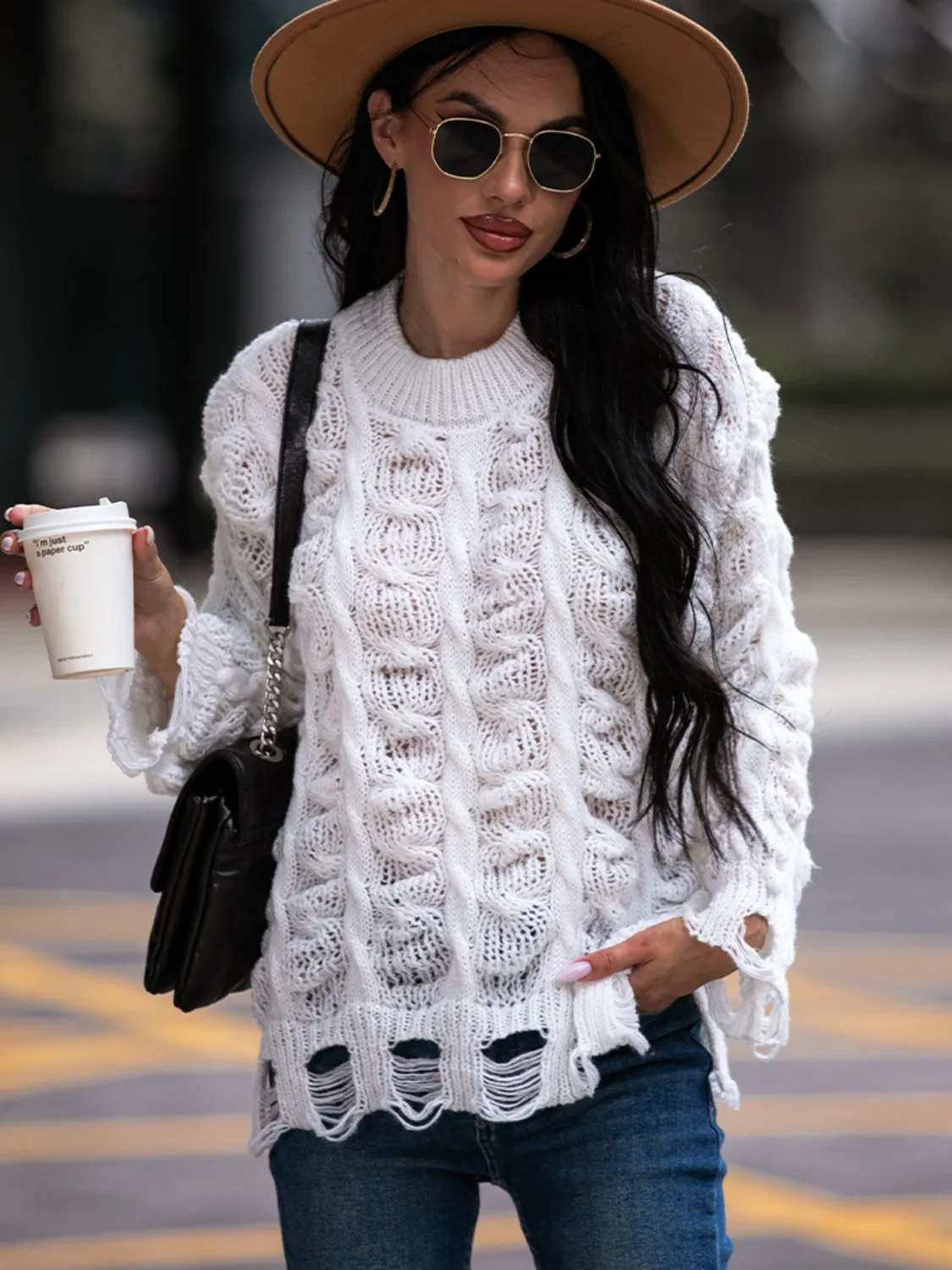 Cable-Knit Distressed Sweater