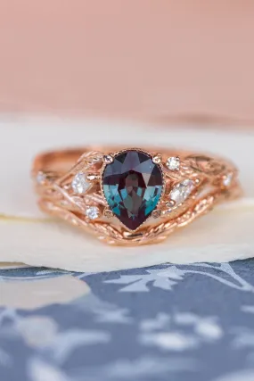 Colour changing alexandrite engagement ring set, rose gold stacking rings with accent diamonds  / Patricia