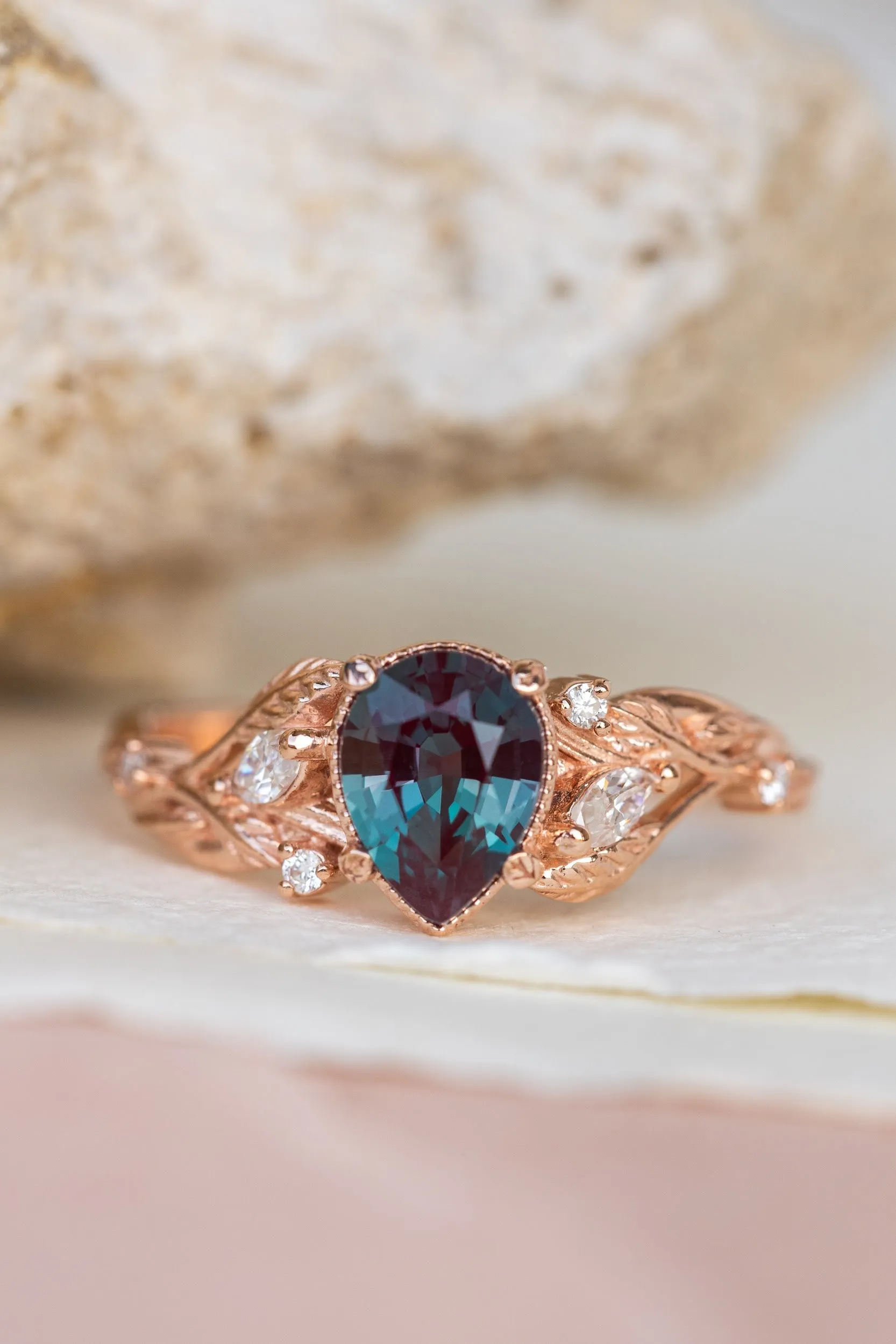 Colour changing alexandrite engagement ring set, rose gold stacking rings with accent diamonds  / Patricia