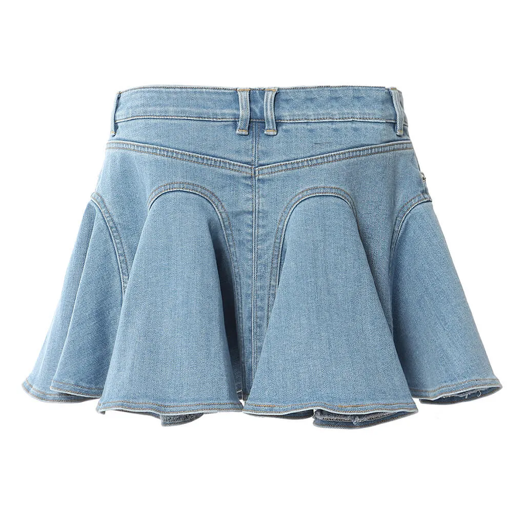 Floating Low Rise Exposed Zip Front Flared Ruffle Denim Micro Mini Skirt