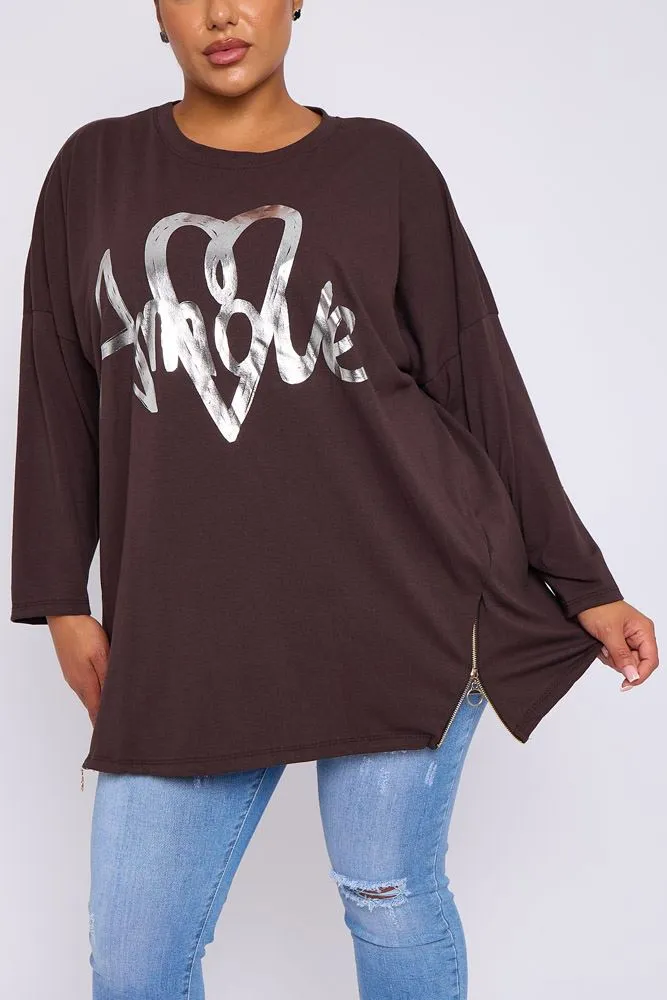 Foil Heart Print Side Zip Detail Cotton Top