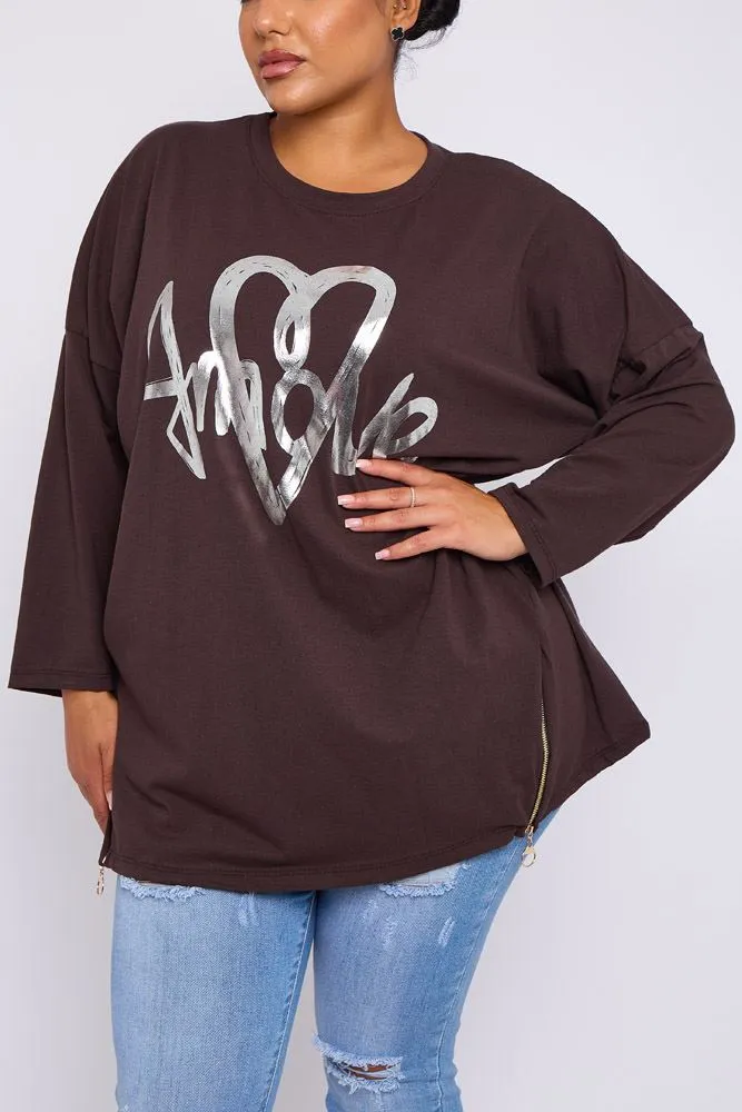 Foil Heart Print Side Zip Detail Cotton Top