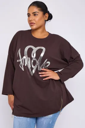 Foil Heart Print Side Zip Detail Cotton Top