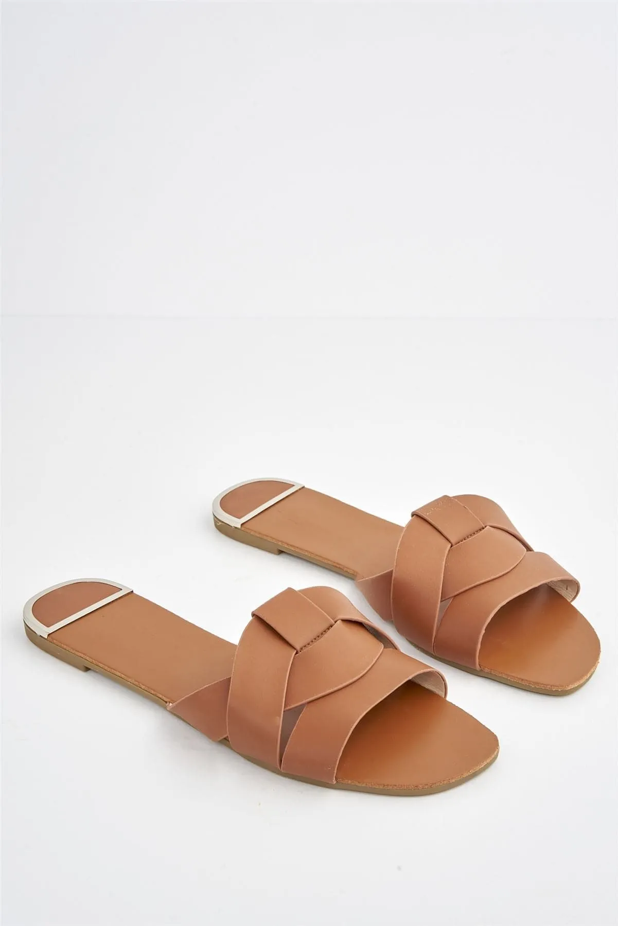 Genesis Flat Faux Leather Sandal in Tan