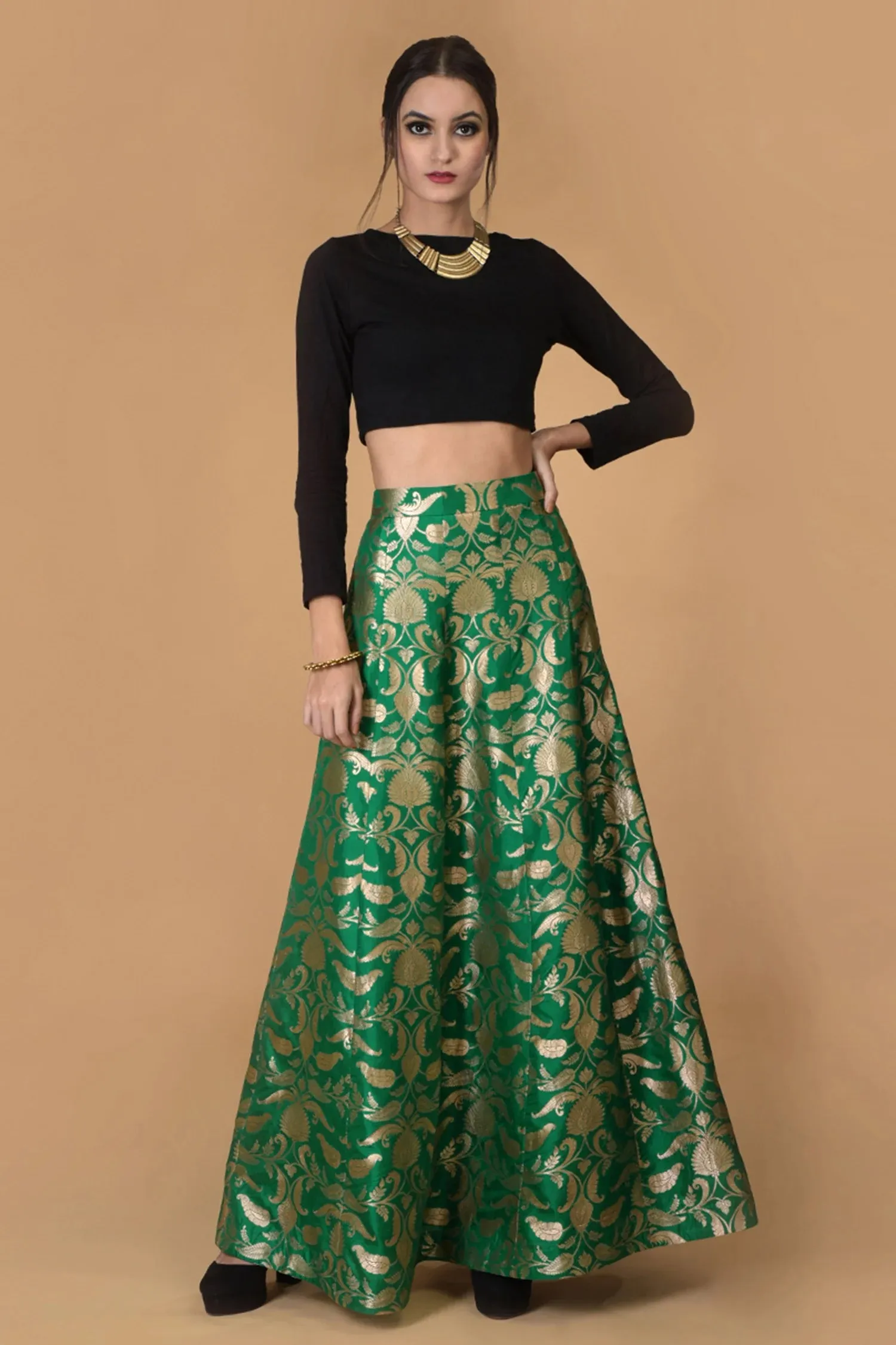 Green Silk Brocade Lehenga