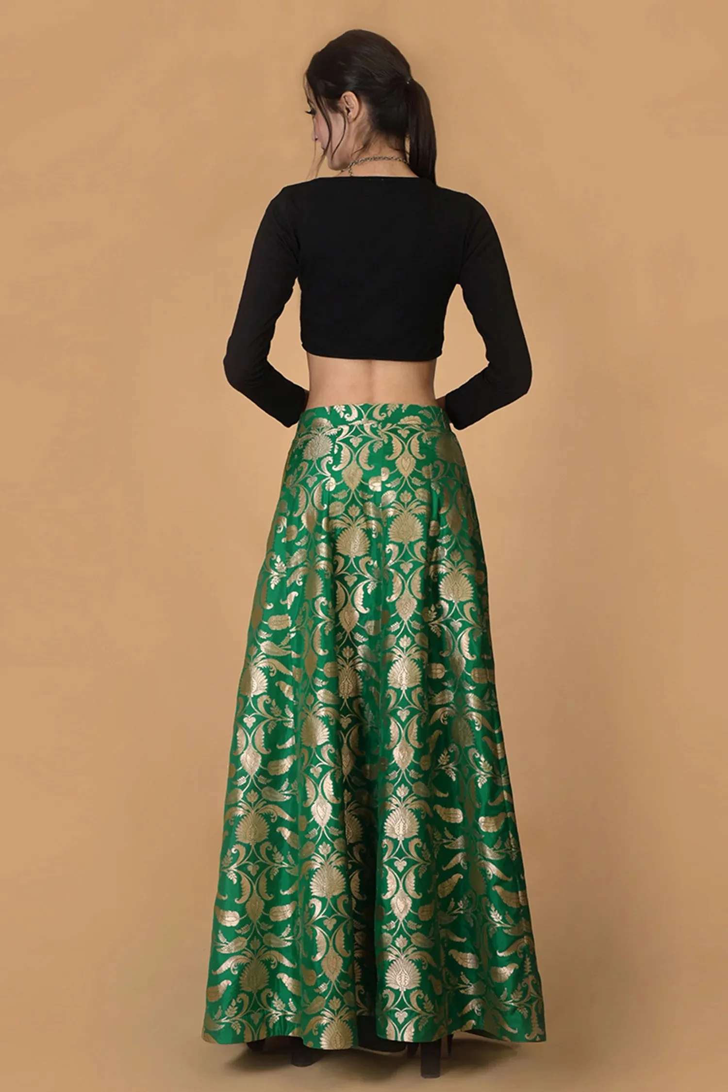 Green Silk Brocade Lehenga