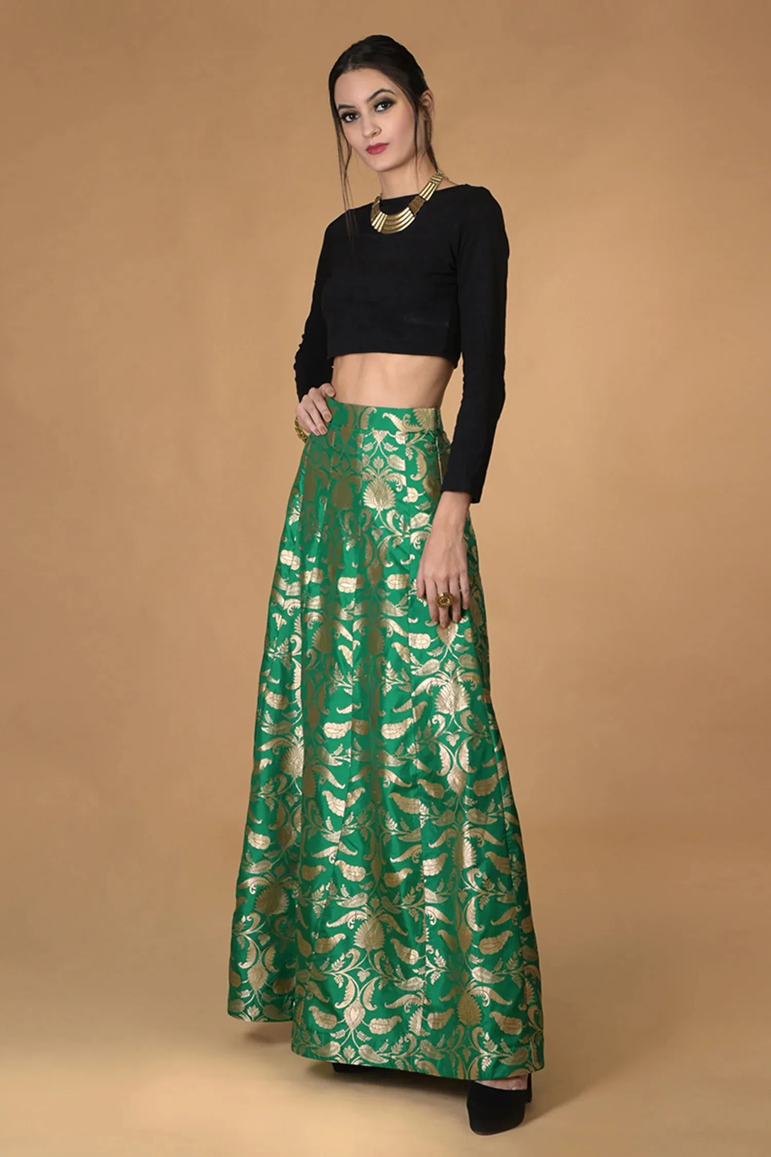 Green Silk Brocade Lehenga