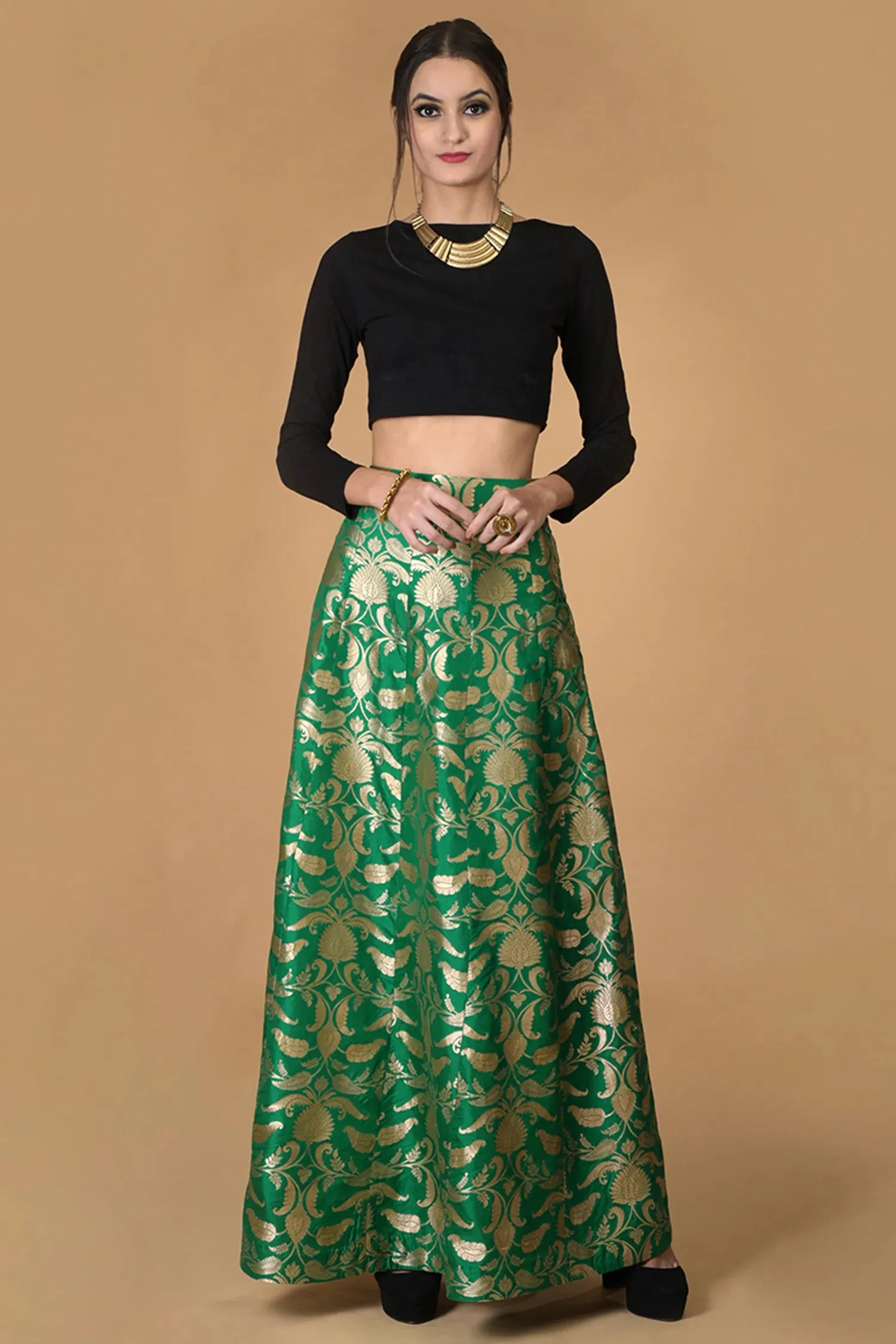 Green Silk Brocade Lehenga