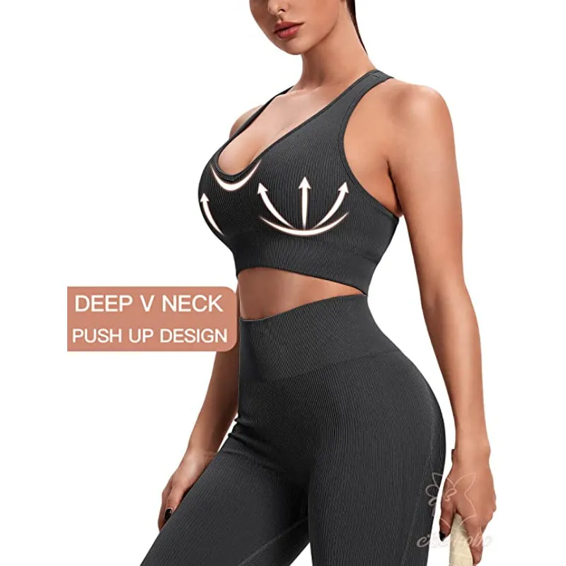 High Waist Ribbed Seamless V Neck Set