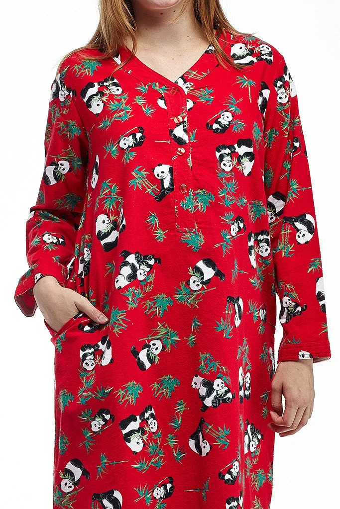 La Cera Panda Print Flannel Nightshirt