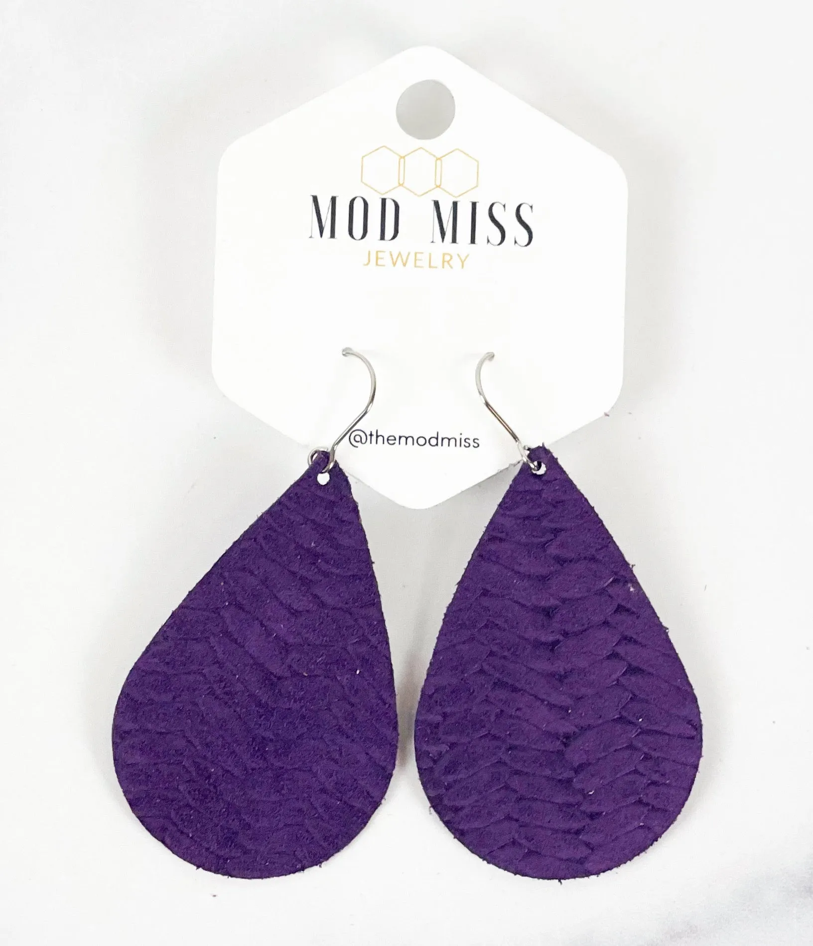 Leather Teardrop Earring Weaved Dark Purple