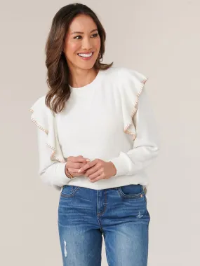 Long Banded Sleeve V-Detailed Scoop Neck Ruffle Petite Knit Top