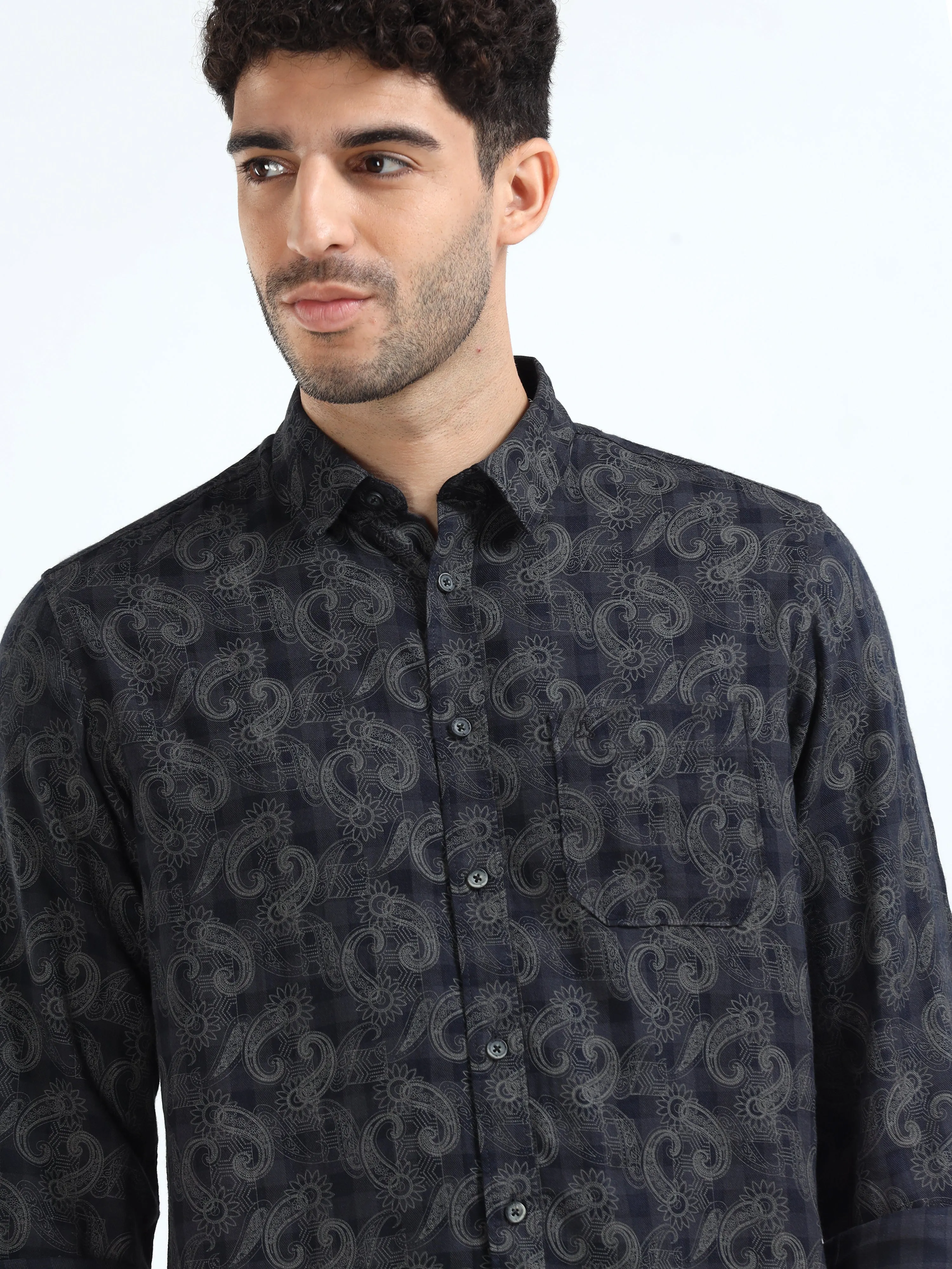 MEN'S BLACK CHECKS WITH PRINT SLIM FIT SHIRT