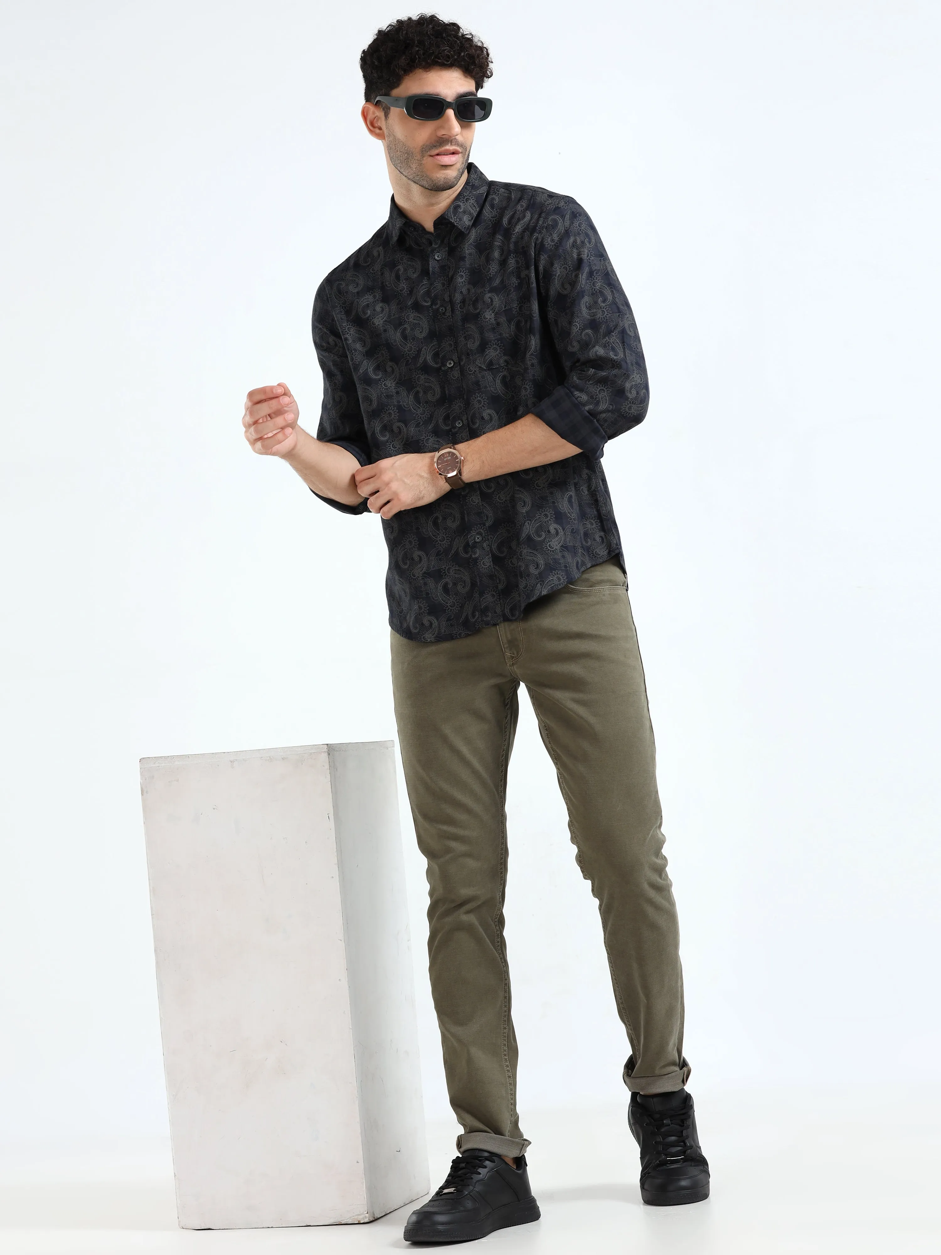 MEN'S BLACK CHECKS WITH PRINT SLIM FIT SHIRT