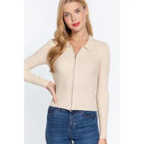 Notched Collar Zippered Sweater