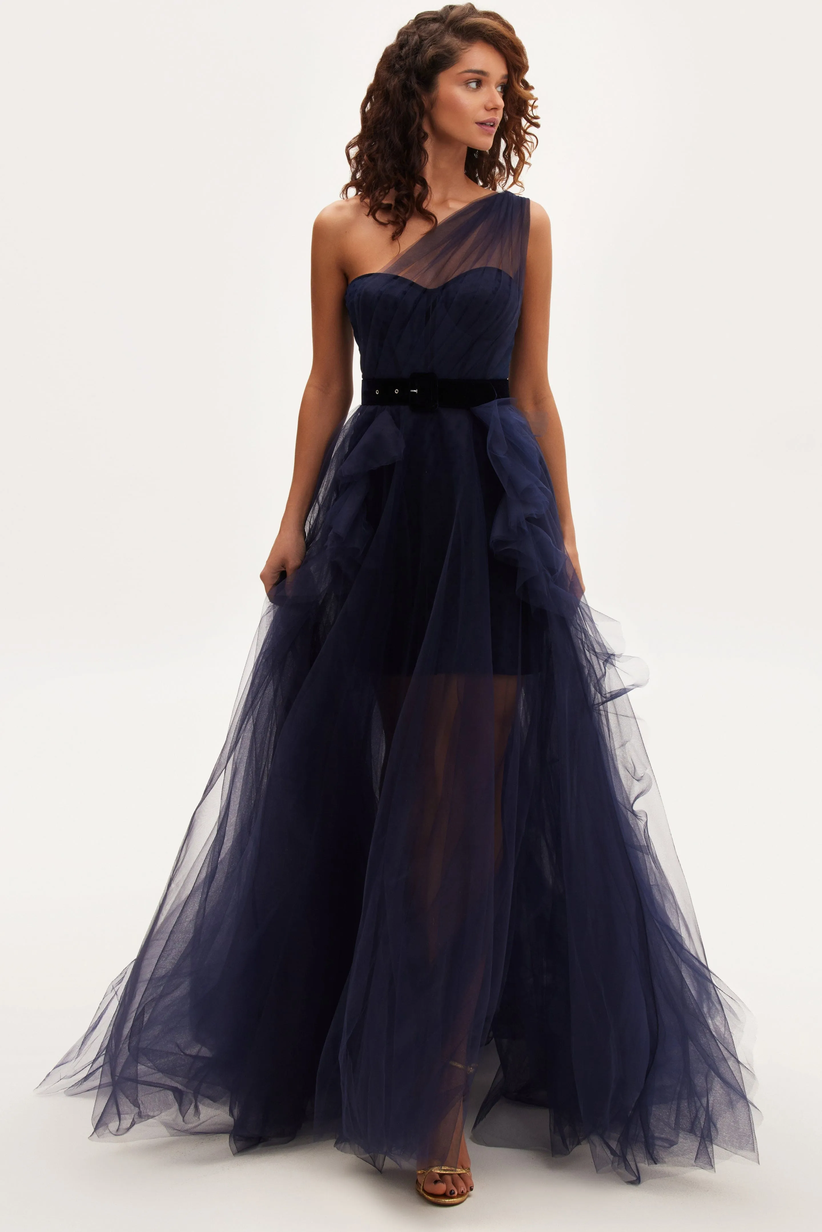 Royal Navy tulle gown with detachable sleeve