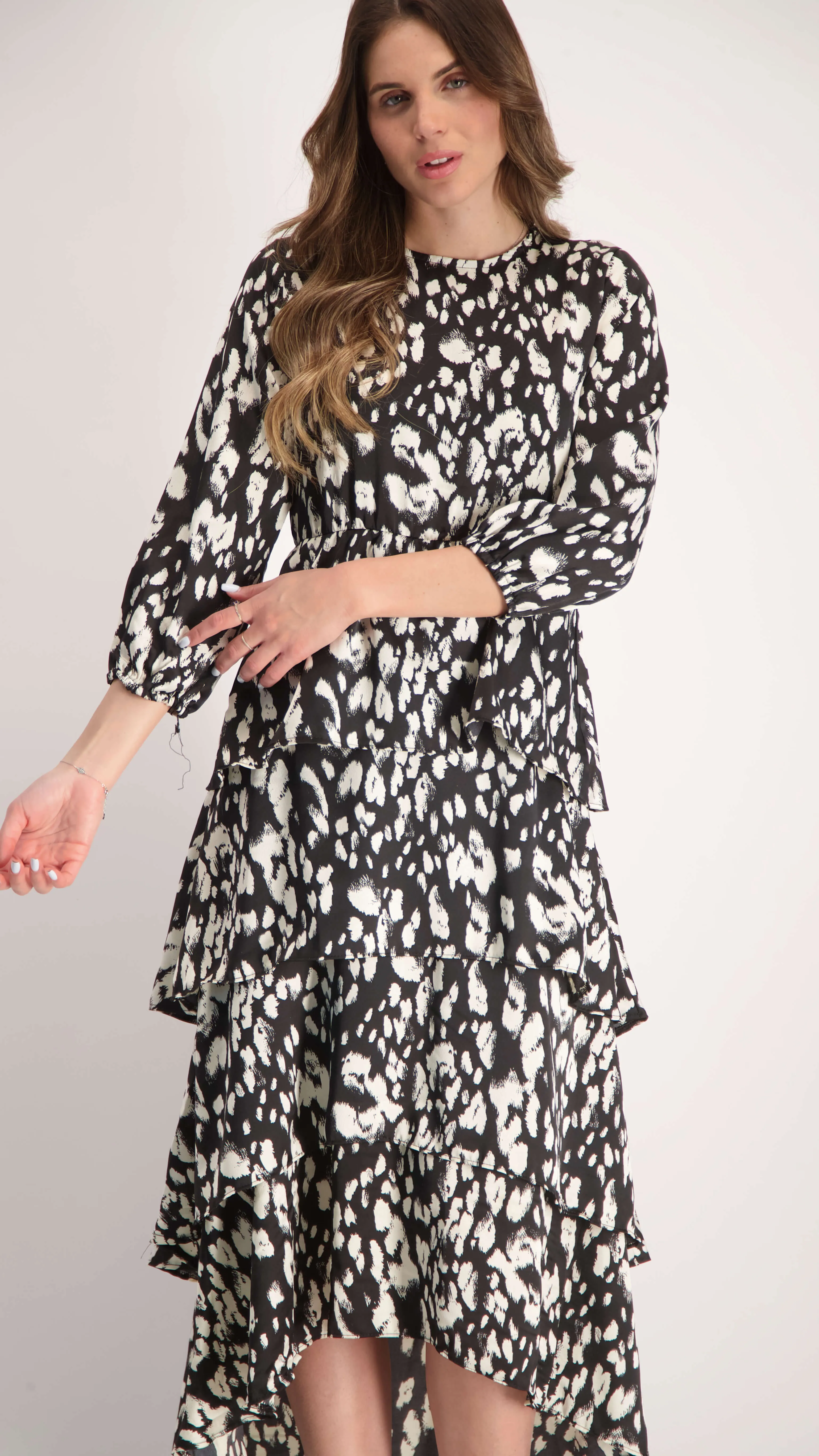 Ruffle Layers Dress / Black & White Leopard