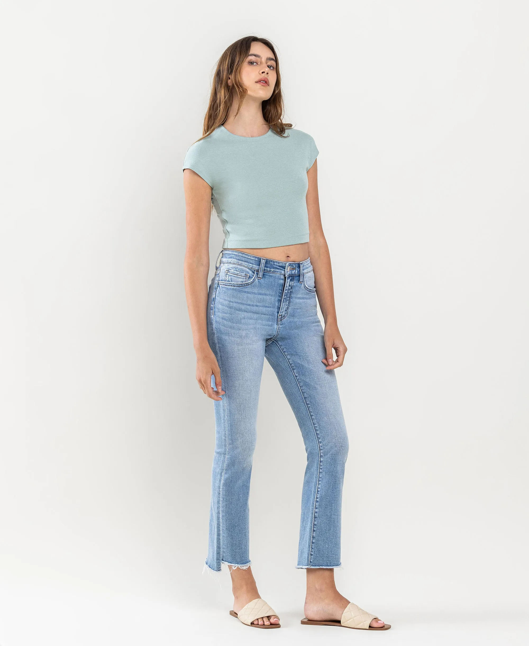 Striving - High Rise Raw Step Hem Crop Flare Jeans